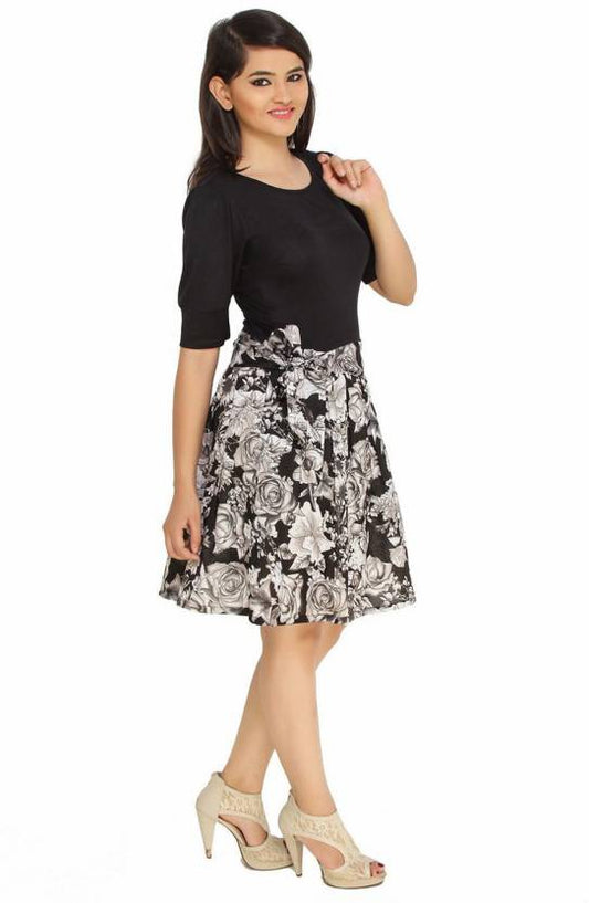 Cottinfab Women's Gathered Black, White Dress