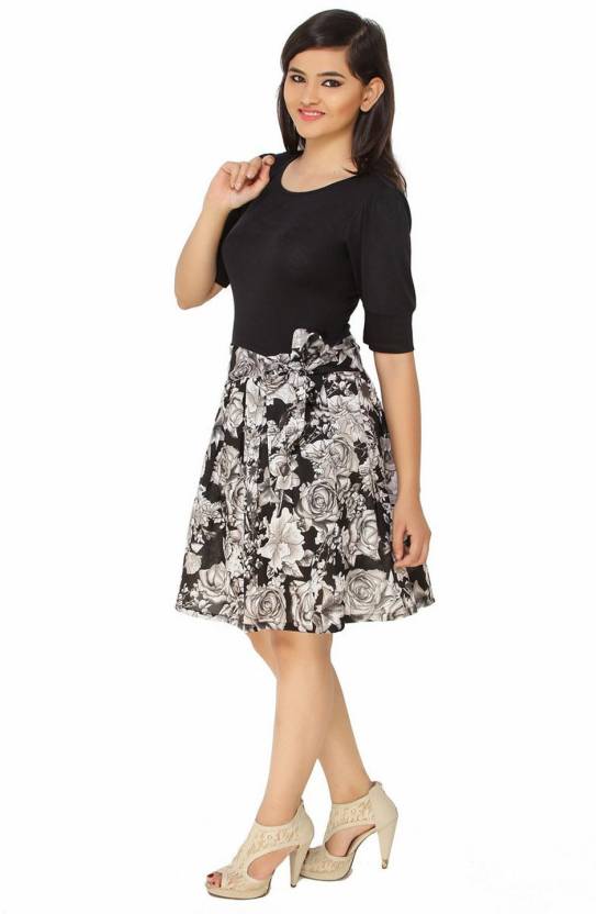 Cottinfab Women's Gathered Black, White Dress